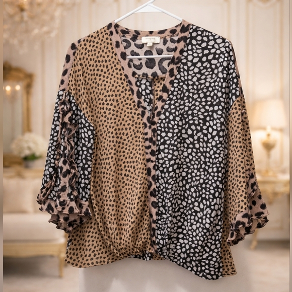 Umgee Tops - Umgee Two-Tone Animal Print Blouse in Tan and Black